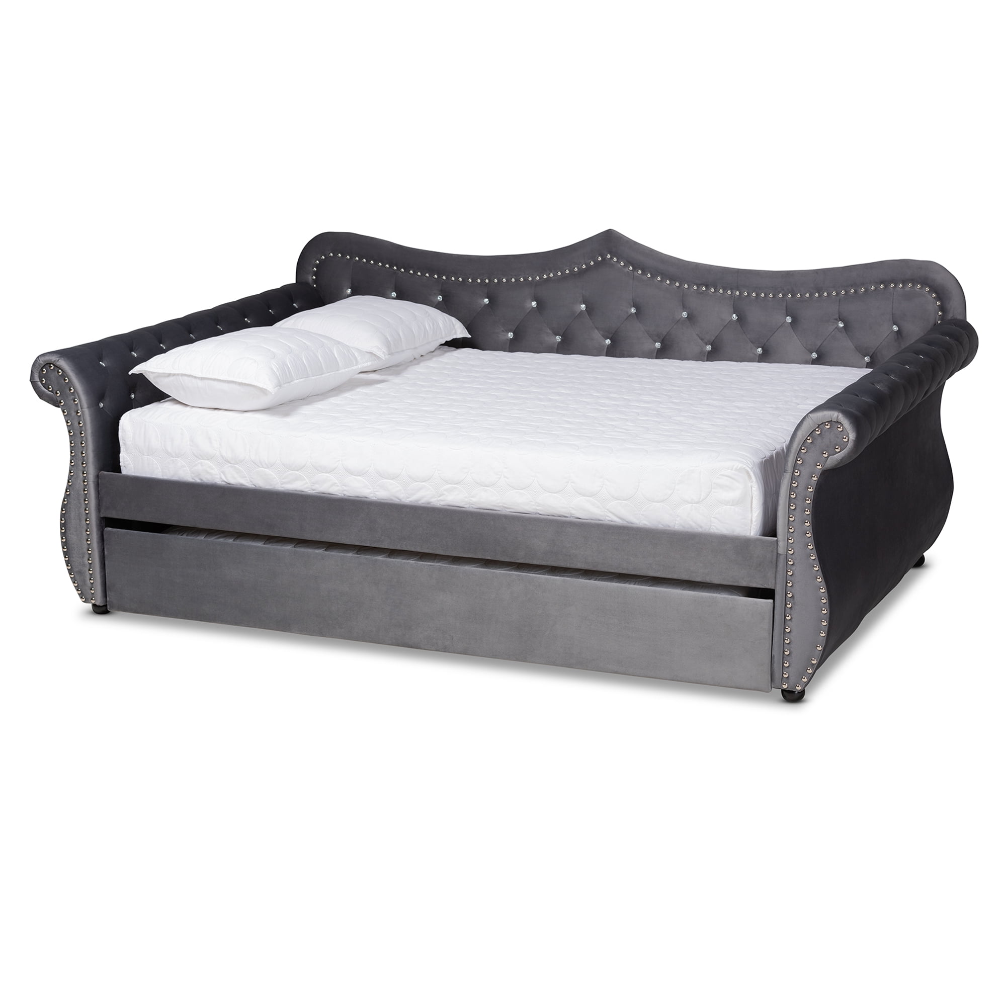 Baxton Studio Abbie Grey Velvet Upholstered and Crystal Tufted Queen Daybed with Trundle