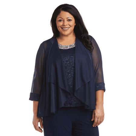 R&M Richards Sleeveless Lace Top with Beaded Neckline and Matte Jersey Chiffon Jacket Set - Plus