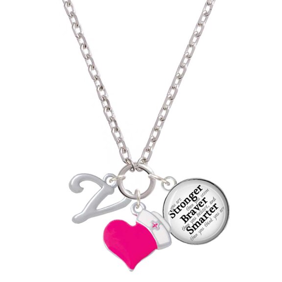 Delight Jewelry Silvertone Small Gelato Script Initial - V - Hot Pink Heart Nurse Strong Zoe Necklace