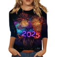 thumbnail image 2 of Long Sleeve Shirts for Women New Years Outfits Women Women's Casual 3/4 Sleeve Round Neck 2025 New Year Printed Graphic Plus Size Tops Dark Blue, 2 of 5