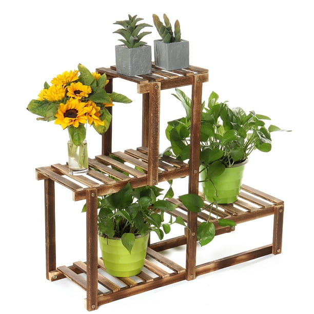 Wood Plant Stand Indoor 4 5 6 7 8 Tier Outdoor Tall Plant Stand Flower Stand Multiple Tier Plant Display Rack Holder Steady Vertical Carbonized Shelves For Patio Livingroom Balcony Garden With To Walmart Com