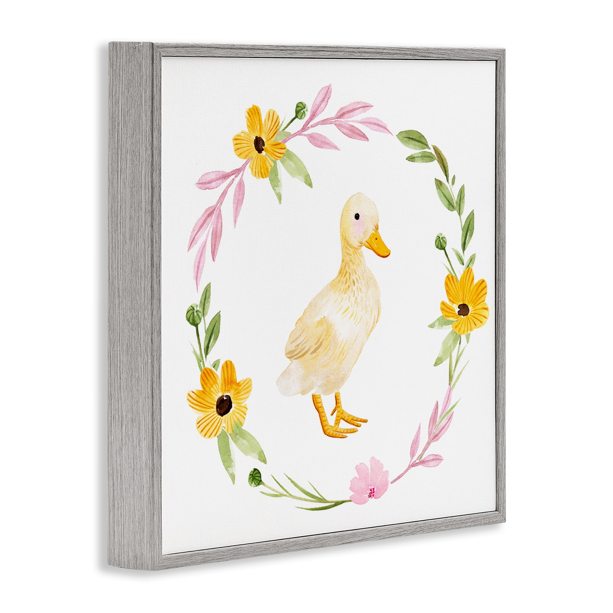 Stupell Industries Duckling with Daisy Wreath Animals & Insects Painting Gray Framed Art Print Wall Art, 12 x 12