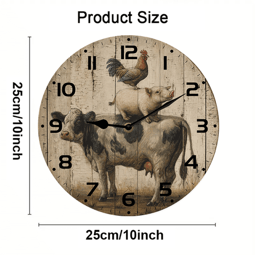 Kurmntregon Farm Animal Cow Pig And Chicken Wall Clock Wooden Silent Non Ticking Decorative Clock For Living Room, Kitchen, Home,Bathroom, Bedroom, Office Or School Round 10"