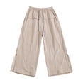 thumbnail image 3 of Linen Cotton Capris Women Wide Leg Drawstring Split Hem Elastic Waist Capri Pants Casual Loose Fit Summer Trousers with Pockets, 3 of 5