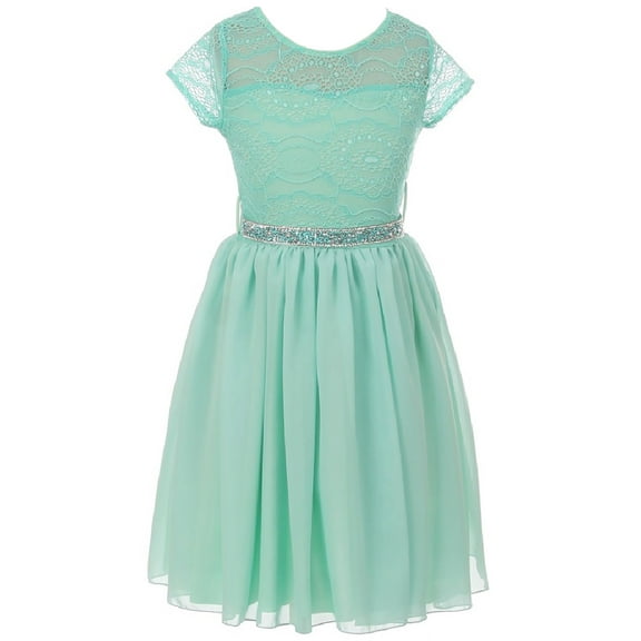 Little Girls Lovely Floral Lace Chiffon Sparkling Rhinestone Flowers Girls Dresses Mint 2 (J20KS53)