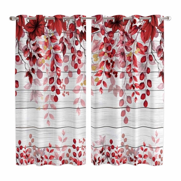 Red Eucalyptus Leaves Kitchen Curtains 63 Inch Length, Summer Botanical Weeping Wooden Grommet Top Bedroom Living Room Curtains, Light Filtering Cafe Curtain Drapes 2 Panels Set 84''x63''