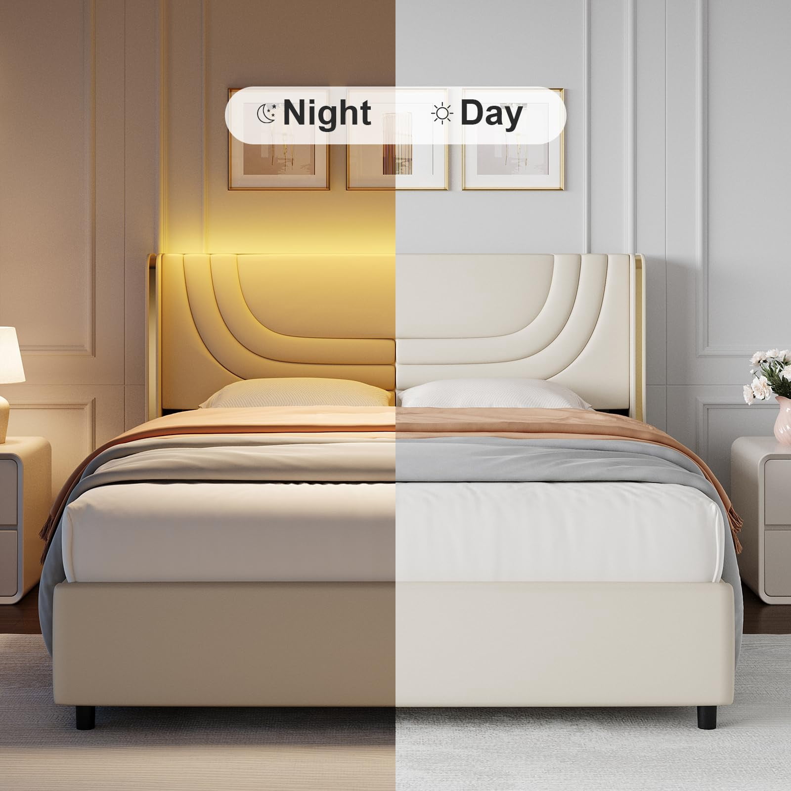 4 EVER WINNER Queen Size LED Bed Frame, Upholstered Platform Bed with LED Light Headboard, Beige Queen Bed Frame, Beige