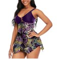 thumbnail image 6 of Tummy Control Swimsuits for Women Leaf Print Bathing Suit Deep V Neck Ring Swimsuit Two Piece Tankni Set with Shorts, 6 of 9