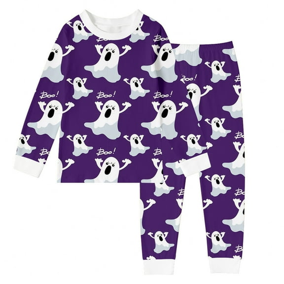 Hpapadks Kids Pajamas Halloween Ghost Print Long Sleeve Crew Neck Tops Pants 2Piece Halloween Pjs for Girls Purple 2 -3