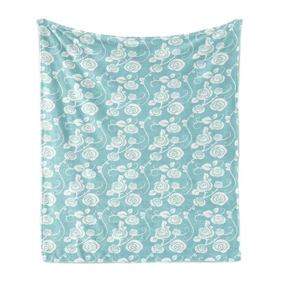 Flower Soft Flannel Fleece Blanket, Romantic Simple Floral Design Pastel Pattern with Swirling Roses Print, Cozy Plush for Indoor and Outdoor Use, 50" x 70", Pale Turquoise and White, by Ambesonne
