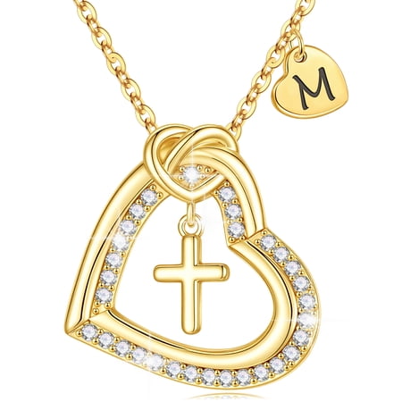 Turandoss Heart Cross Initial Necklaces for Women Girls Dainty 14K Gold Plated Cubic Zirconia Letter a-z Pendant Jewelry Birthday Teenage Girl Gifts for Little Girls Niece Sister Ages 6-8