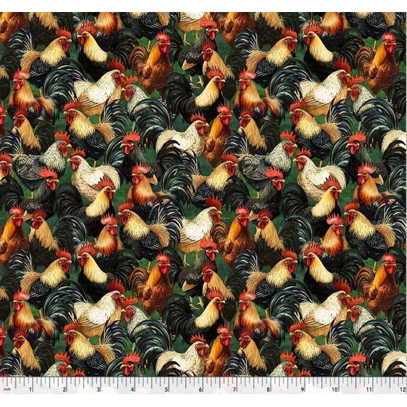 Cotton Wild Animals Chickens Roosters Feathers Farm Animals Birds on Green Windham Fabrics Cotton Fabric Print by the Yard (55027D-1)