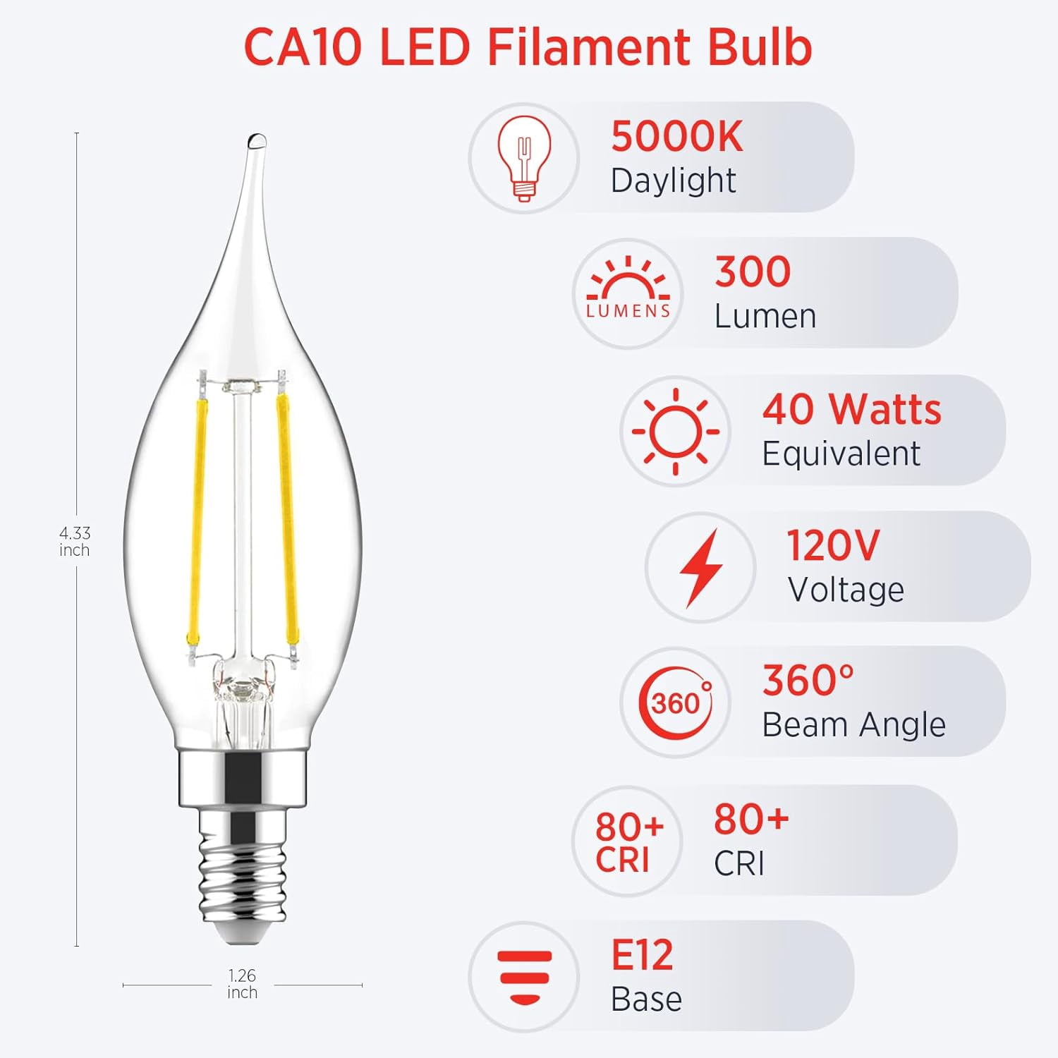 E12 Candelabra LED Bulbs Dimmable, 40W Equivalent CA10 Chandelier Light Bulbs, 5000K Daylight White Candle Bulbs for Chandeliers, Ceiling Fan, Pendant Light, 6 Pack