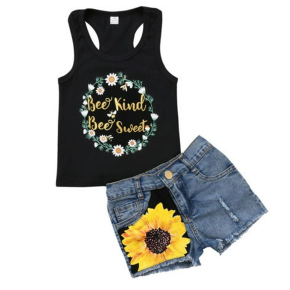 Toddler Kids Baby Girl Sleeveless T-Shirt Top+Floral Denim Shorts 2Pcs Set Outfits(1-6Y)