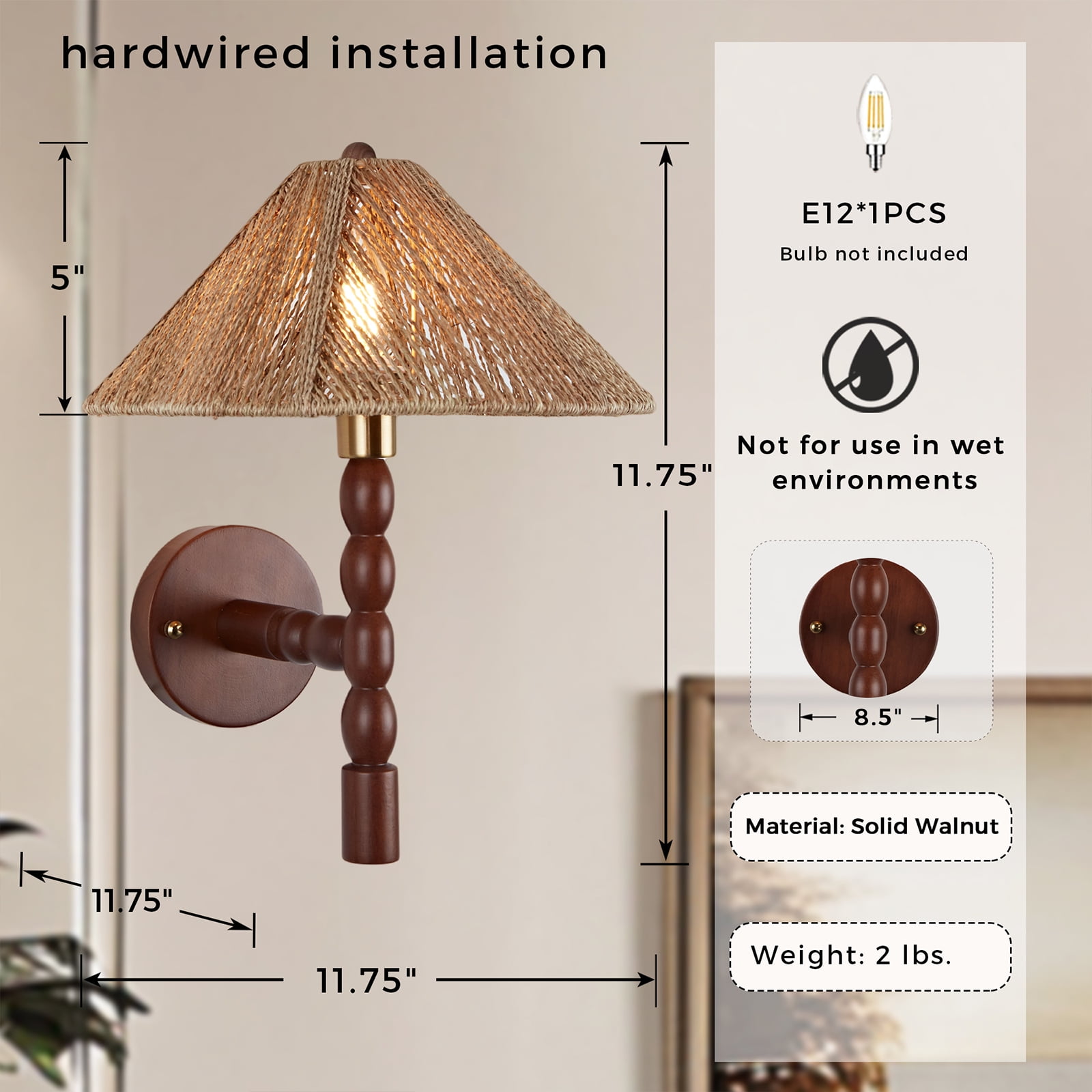 Vintage Beaded Arm Sconce Wall Lighting with Natural Renewable Jute Shade, Wall Sconce Hardwired Wall Lamp Fixture for Bedroom Bedside Hallway Living Room