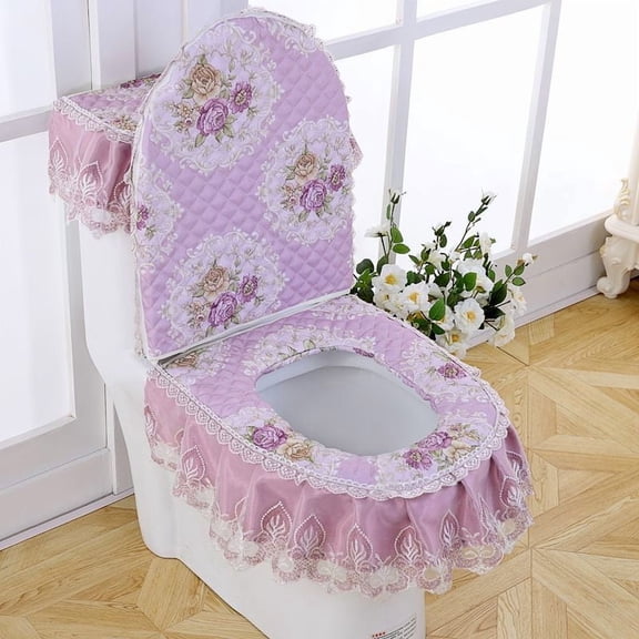 3PCS Pleuche Embroidery Lace Toilet Mat Toilet Seat Cover/Lid Cover/Tank Cover Set