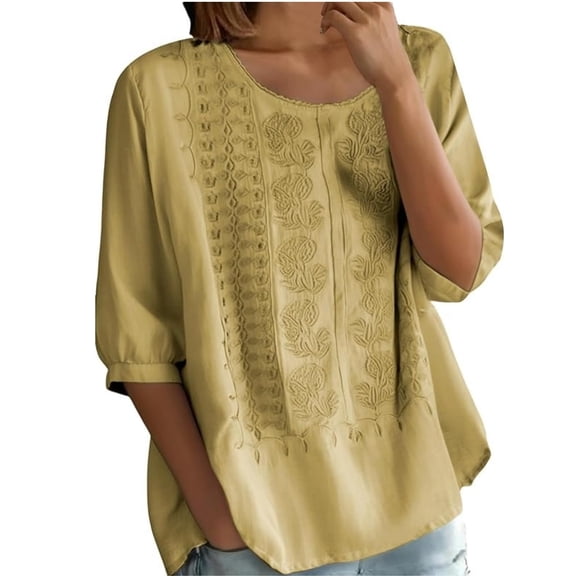 Women's Floral Embroidered Cotton Linen Shirt Casual Loose 3/4 Sleeve Blouse