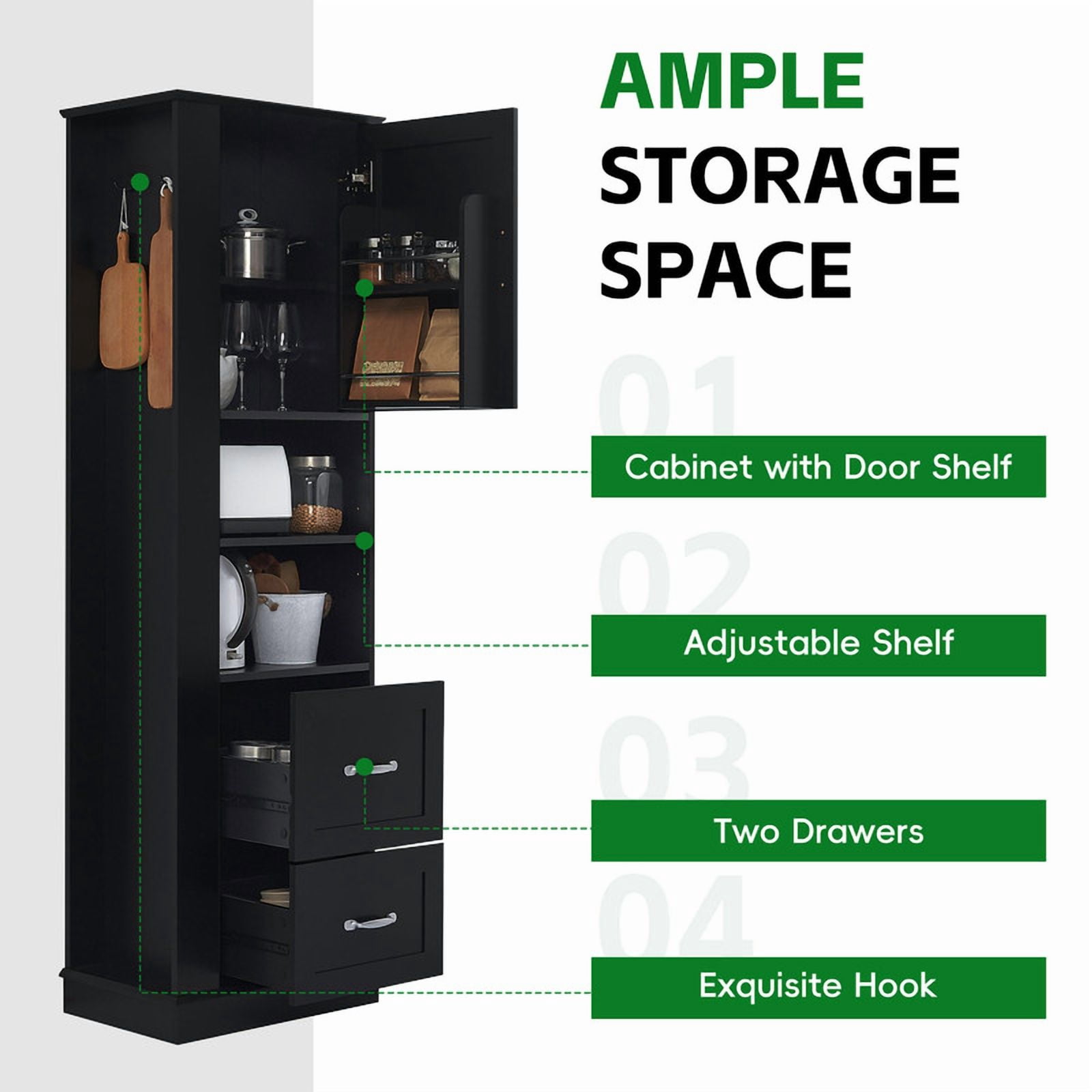 Freestanding Bathroom Storage Cabinet, Pantry Sideboard Storage Cabinet with Side Hooks, Drawers & Adjustable Shelf