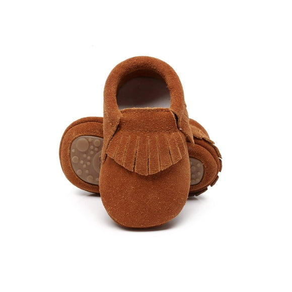HONGTEYA Leather Baby Moccasins Hard Soled Tassel Crib Toddler Shoes for Boys and Girls (6-12 Months/4.72inch, Suede Dark Brown)
