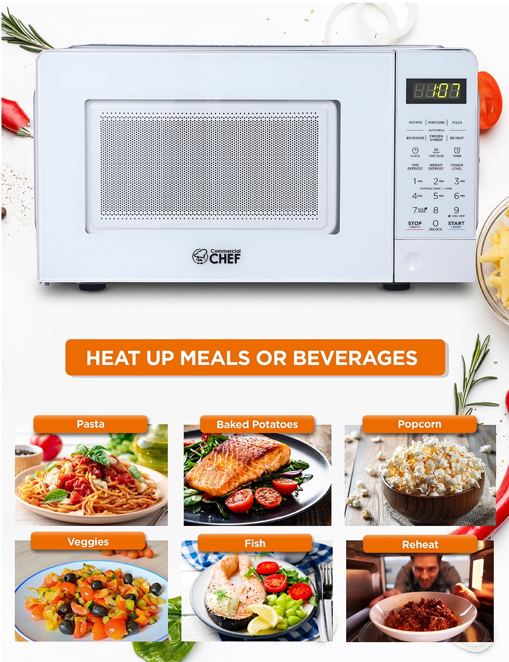 Commercial Chef CHM770W 0.7 Cubic Feet Microwave Oven, White