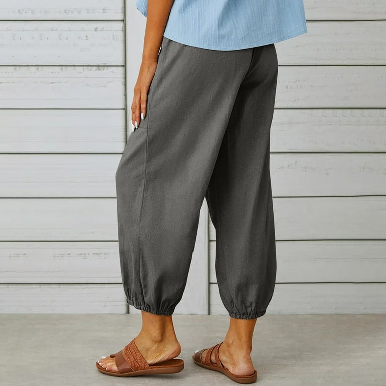 Women's Casual Capris Cotton and Linen Drawstring Solid Summer Comfy  Trousers Pockets Stretchy Plus Size Loungewear Button Ankle Pants(M,Dark  Gray)