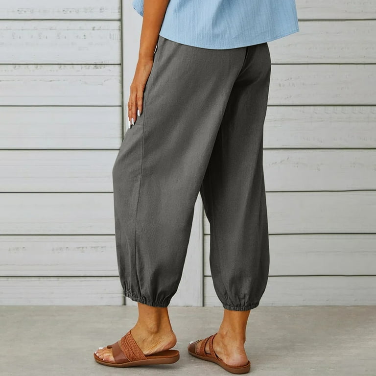  QWENTMTNTY Plus Size Capris Pants for Women Cotton Linen Wide  Leg Casual Summer Comfy High Waisted Loose Crop Pants Pockets : Sports &  Outdoors