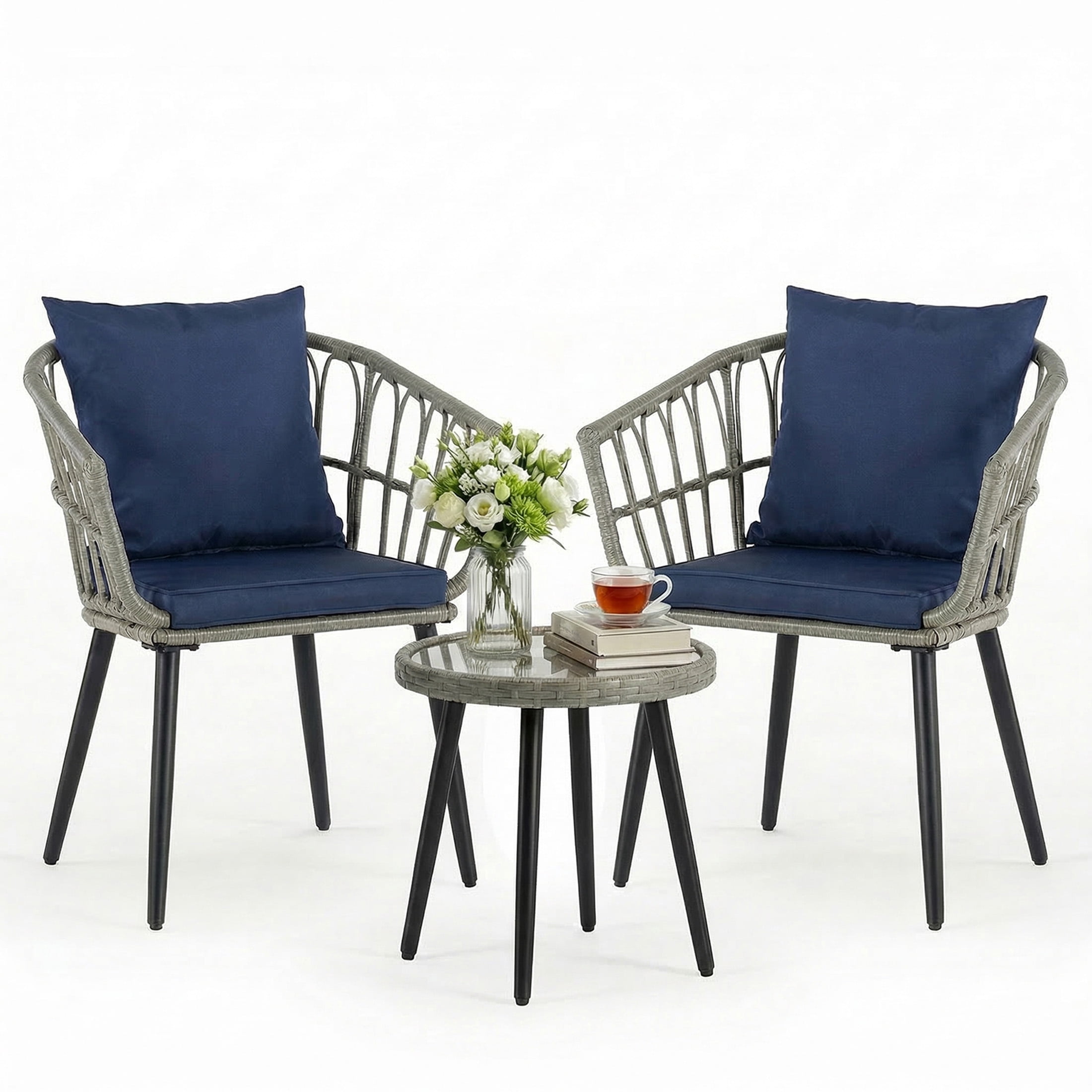 EDX 3 Piece Outdoor Patio Wicker Furniture Set, Rattan Chairs with Tempered Glass Coffee Table, Sturdy Steel Frame, Washable Cushions, for Balcony Backyard Poolside Lawn,Blue