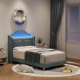 thumbnail image 3 of Bingirl Blue Twin-Size Bed Frame: Built-in LED Lights, Velvet Upholstered Platform Bed with Wing Back, No Box Spring Needed, Noise-Free & Easy Assembly, 3 of 8