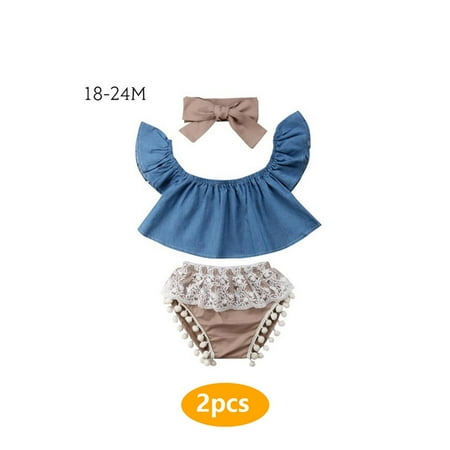 

2 Set 3Pcs/Set Baby Outfit Set Infant Top Lace Shorts Bowknot Hairband