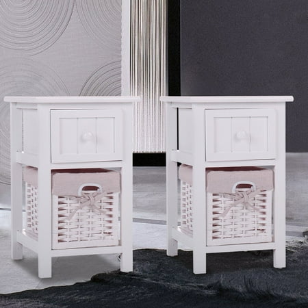 Furniture With Wicker Baskets Topcobe Night Stand Set of 2, End Table with Drawer and 2 Storage Wicker Basket, Storage Cabinet, Wood Nightstand for Bedroom, Living Room, Dining Room Furniture (11