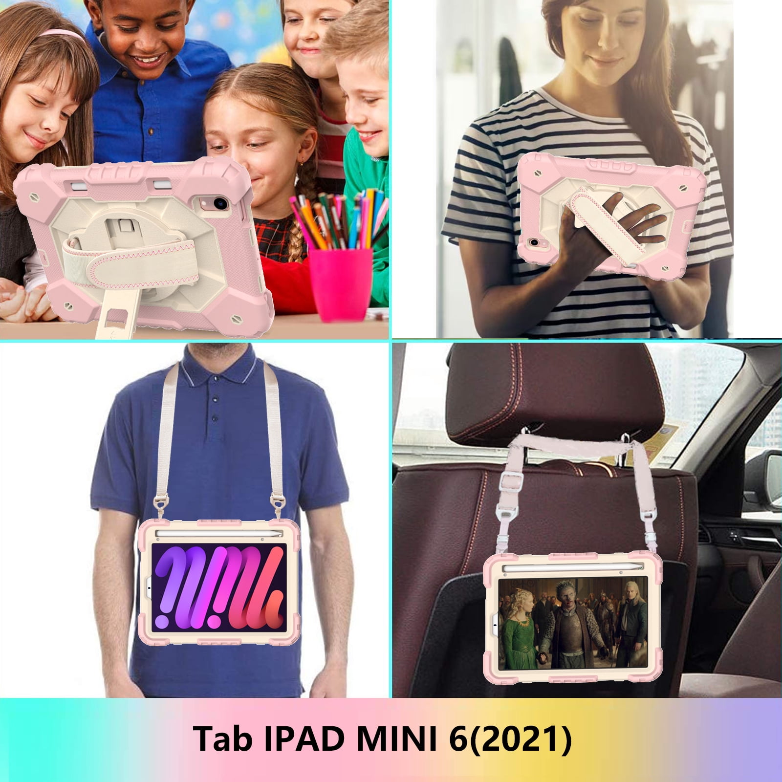 Case for iPad Mini 6 2021 8.3-inch, Kids Shockproof Rugged Hybrid 360 Rotating Stand Cover with Hand Shoulder Strap/Pencil Holder