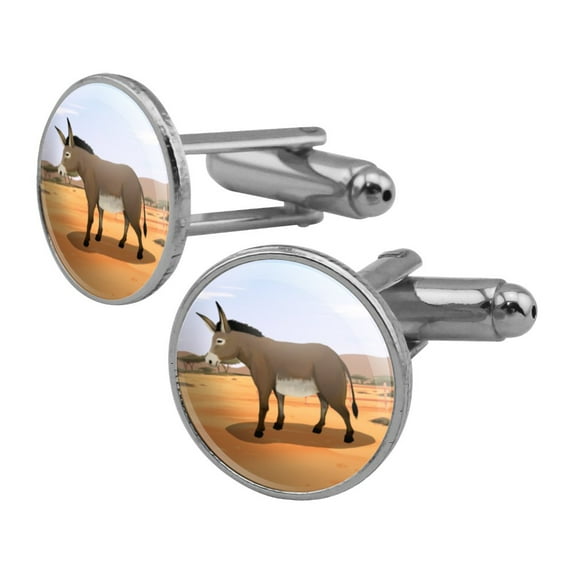 Donkey on Ranch Round Cufflink Set Silver Color