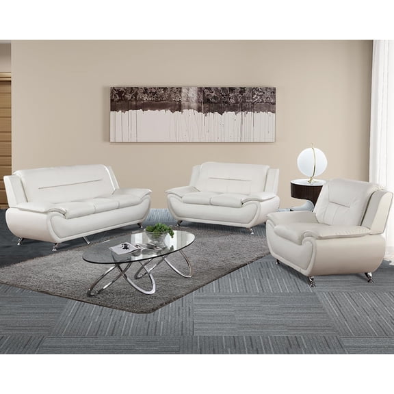 3 Piece Living Room Furniture Set, Leather Sofa Set for Living Room, Modern Couch Set with 3-Seater Sofa, Loveseat and Armchair (Cream White)