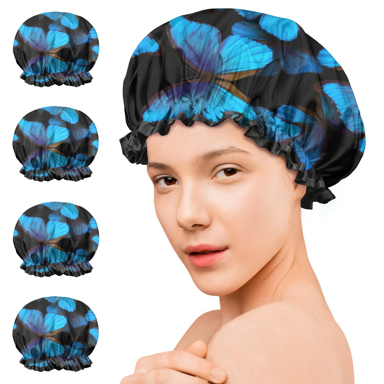 Shower Caps,Black Blue Butterfly Pattern Waterproof Shower Cap for Women 4 Pieces,Double Reusable Hair Cover for Shower PEVA Elastic Stretch Hem