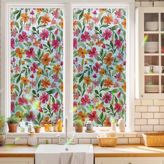 Garden Watercolor Floral Leaves Window Privacy Film,Decorative Windows Static Cling Vintage Green Botanical Heat Control Removable Glass Sticker for Home Bathroom Bedroom Window Door,17.7x39.3in