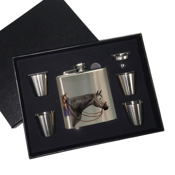 KuzmarK 6 oz. Stainless Steel Flask Set in Black Presentation Box - Dappled Gray Quarter Horse Art by Denise Every