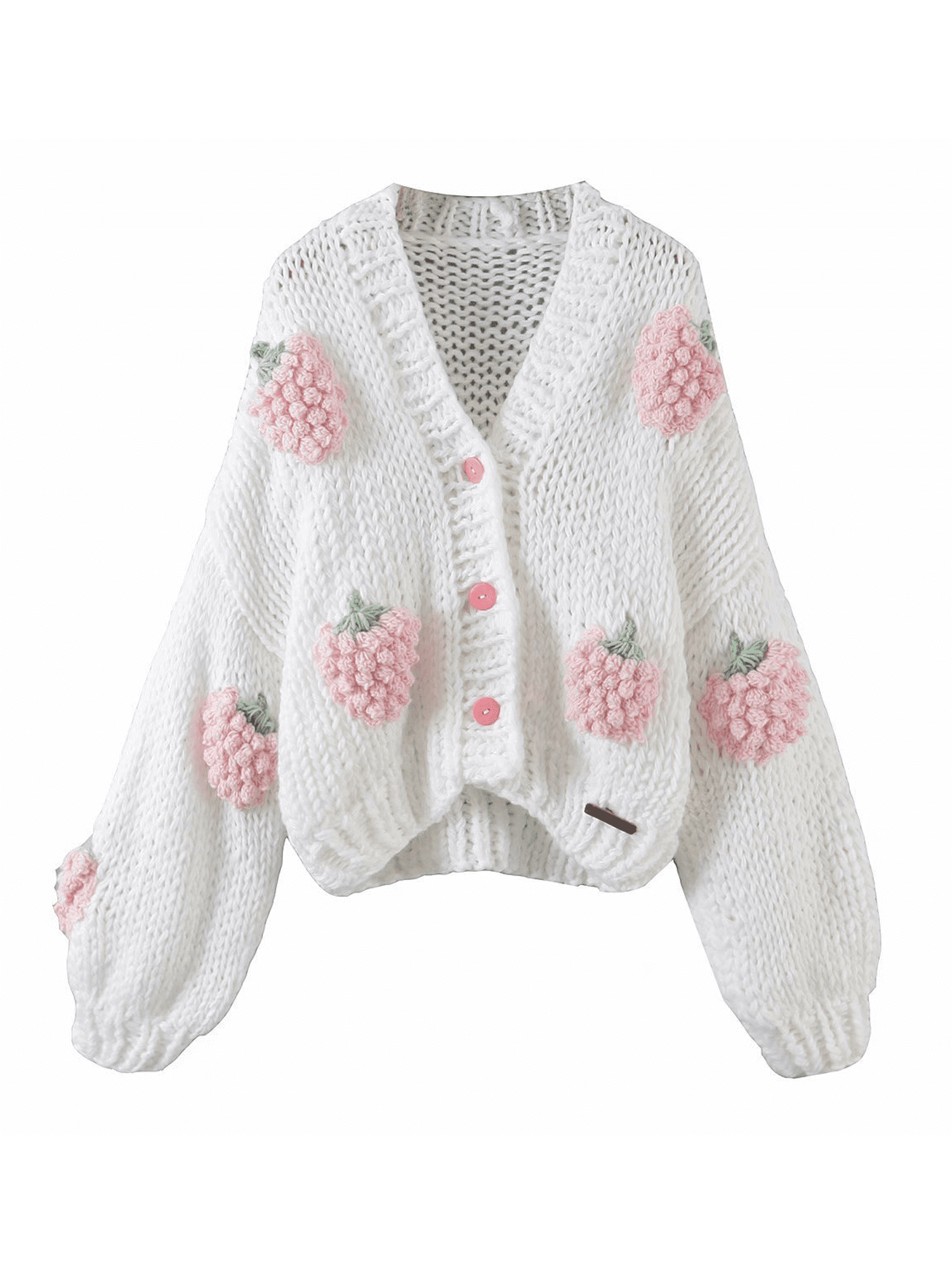 Chunky Floral Cardigan Hand Knit Cardigan Crop Cardigan Pink Cardigan Flower Cardigan
