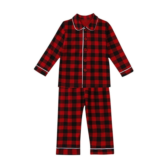 Fesfesfes Boys Red and Black Plaid Pajamas Sets Size 3 Months-12 Years Xmas Long Sleeve Turn Down Collar Shirts Elastic Waist Long Pants