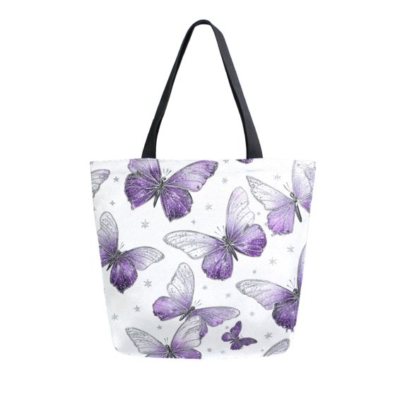 Open Top Canvas Tote Bag with Zipper Reusable Shopping Bag 13.5x15" Roomy Carryall Lavender-colored Butterfly Pattern