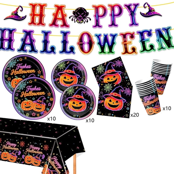 SLYNSHome Halloween Disposable Tableware Set For 10 Guests, Neon Pumpkin Print Paper Plates Cups Napkins Cutlery, Holiday Party Supplies For Indoor Dinner Table Decor