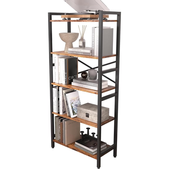 VAFHYLISS 5 Tier Industrial Bookshelf, Rustic Brown Bookcase, Tall Wooden Shelving Unit and Storage, Large Etagere Book Shelf for Office, Living Room, Bedroom (5 Tier)