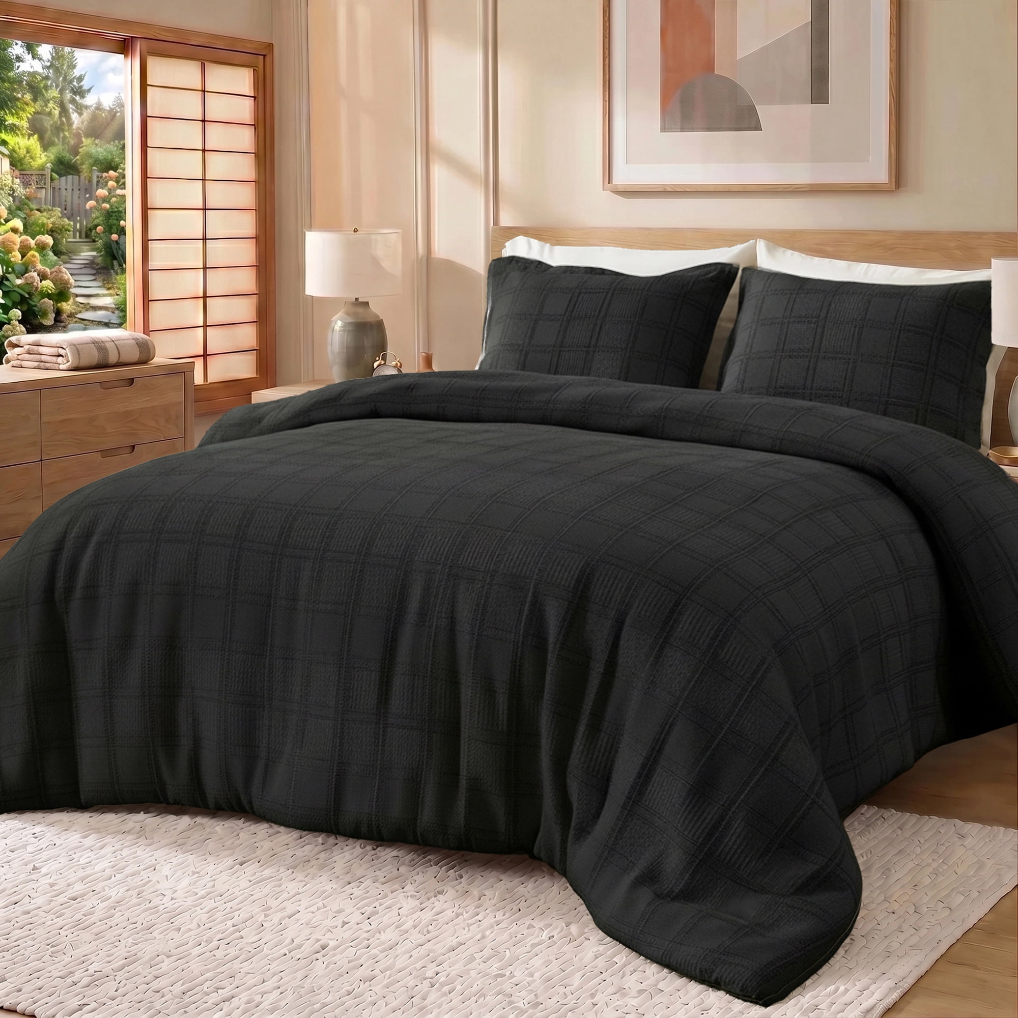 Regency Heights Waffle Weave Duvet Cover Set King/Cal King Size, Breathable Duvet Cover Set for All Season, 3-Piece Textured Bedding Set with Pillow Shams, Black