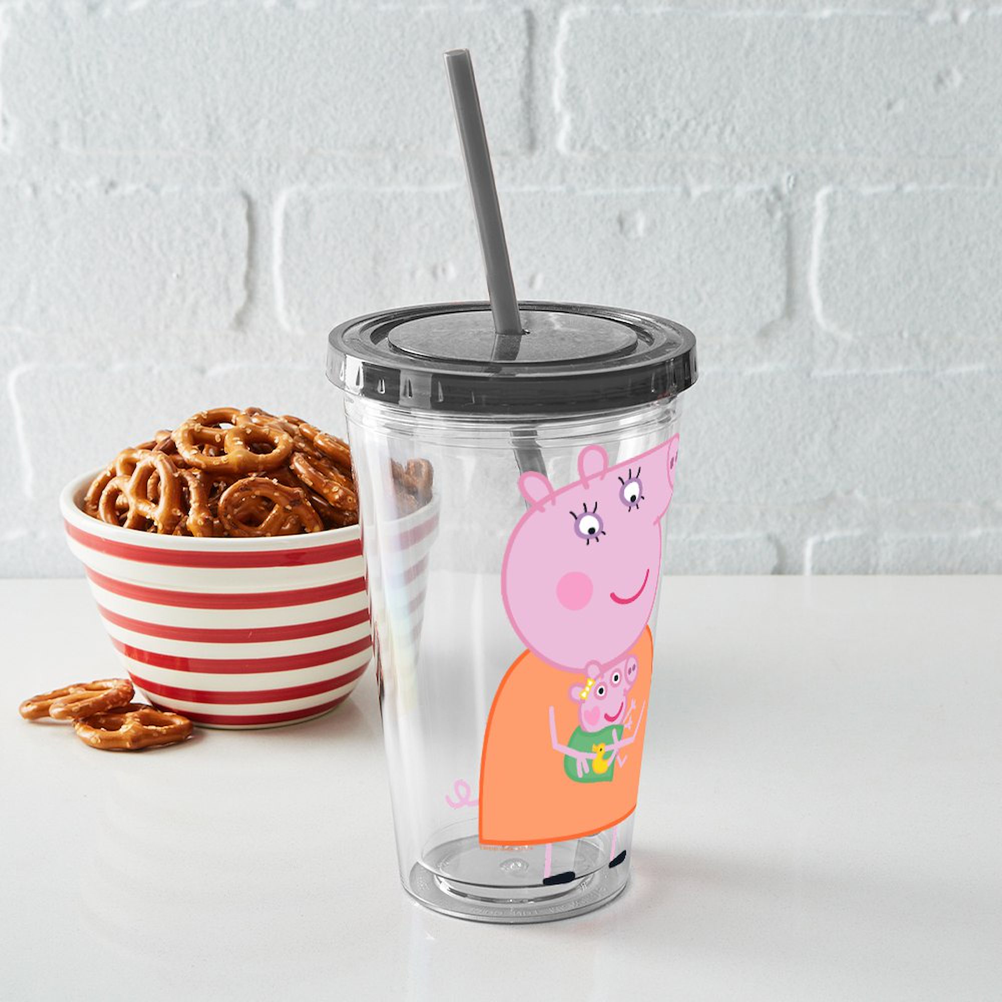 CafePress - Peppa Pig: Holding Baby - 16 Ounce Classic Clear Insulated Double Wall Tumbler Cup with Lid Straw , Reusable
