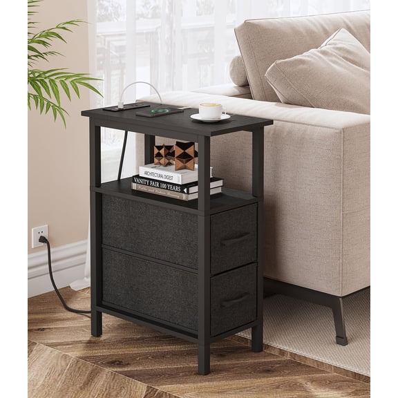 Narrow Side Table for Small Spaces, Skinny End Table with Charging Station, Sofa Beside Table with 2 Fabric Drawers and 1 Open Compartment, Slim Nightstand with USB Ports Outlet, Black UTBT004B
