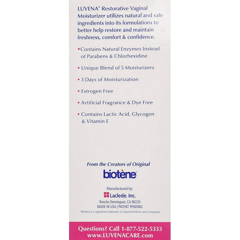 Luvena Moisturizer - Vaginal Moisturizer & Menopause Support for Women -  Feminine Intimate Dryness, Redness, Irritation, Burning Symptom Relief -  Water Based, Paraben & Glycerin Free - (1 Pack)
