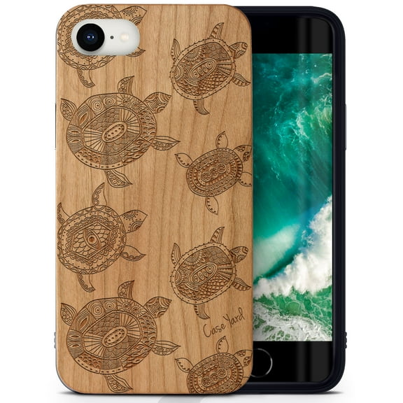 Case Yard Wooden Case Outside Soft TPU Silicone, Slim Fit Shockproof Wood Protective Phone Cover for Girls Boys Men and Women, Supports Wireless Charging Turtles Pattern Design case for iPhone-SE