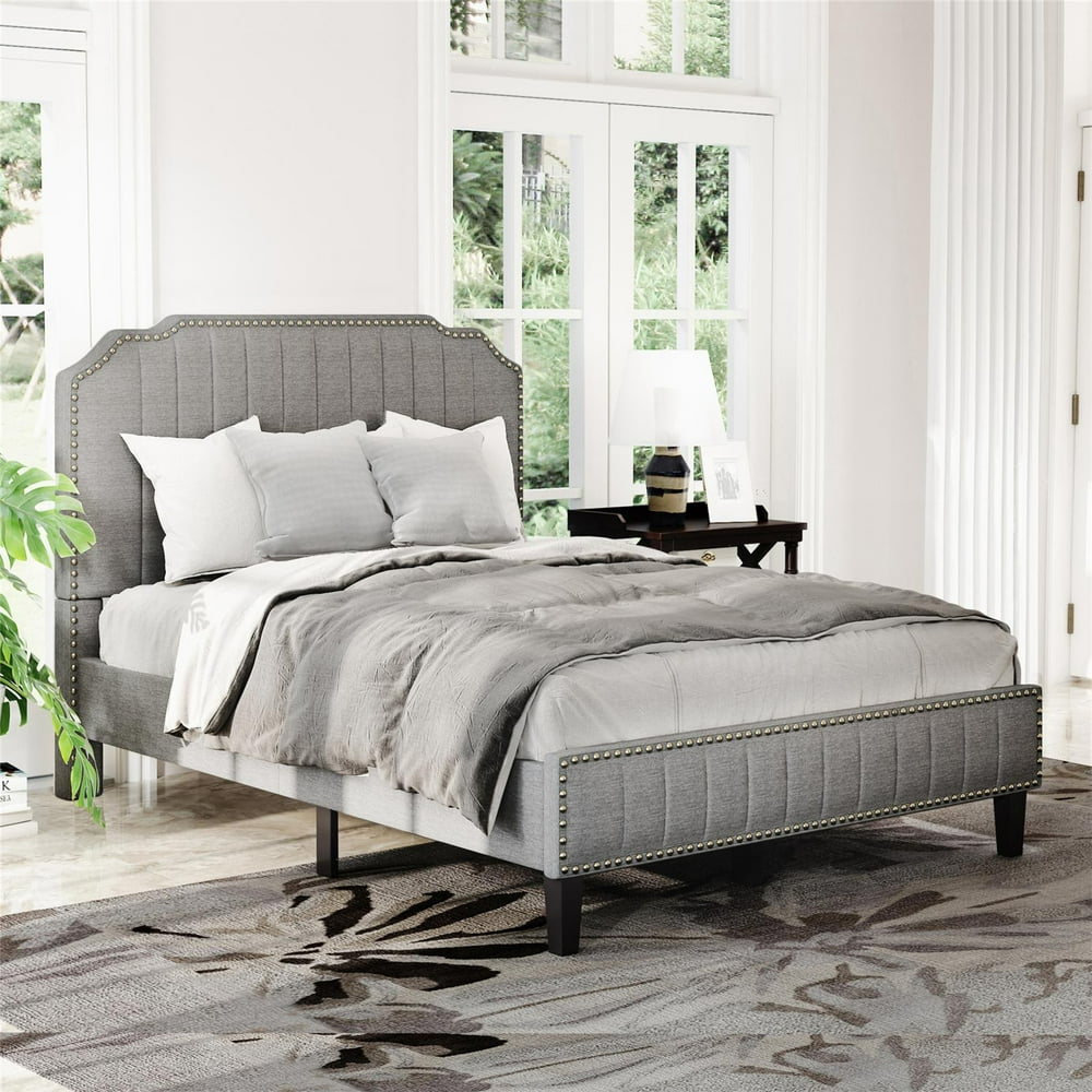 Full Size Upholstered Platform Bed Frame with Headboard, Modern Linen