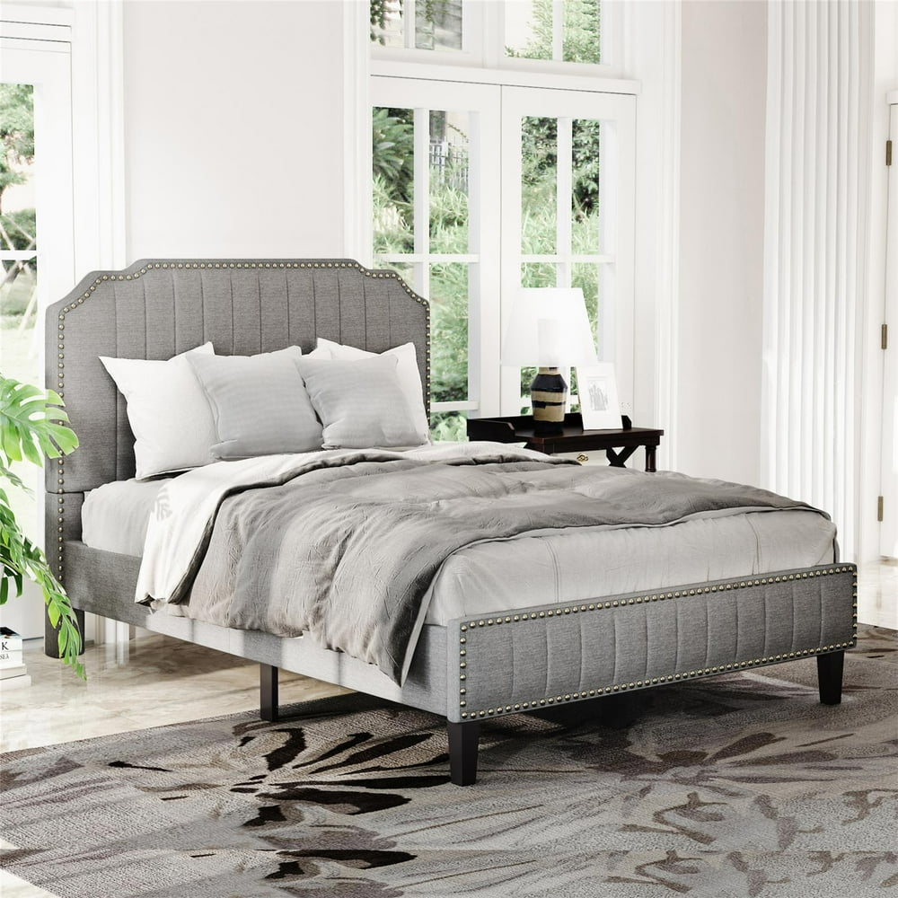 Full Size Upholstered Platform Bed Frame with Headboard, Modern Linen