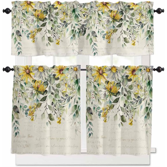 Green Eucalyptus Leaves Kitchen Curtains, Retro Floral 3-Piece Kitchen Curtain Valance and Tiers Set 24 Inch Length, Rustic Botanical Rod Pocket Half Window Curtains for Cafe Living Room Bathroom