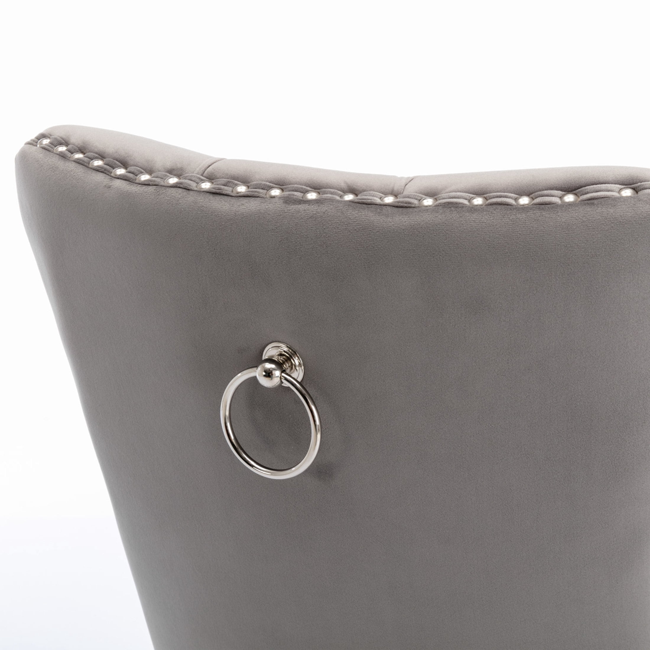 Noble House Tufted Velvet Dining Chair, Nailhead Trim, Stainless Steel Legs, Gray + Chrome
